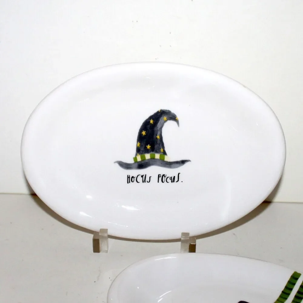 2 Rae Dunn Magenta Halloween oval appetizer plates Hocus Pocus Witch hat boots